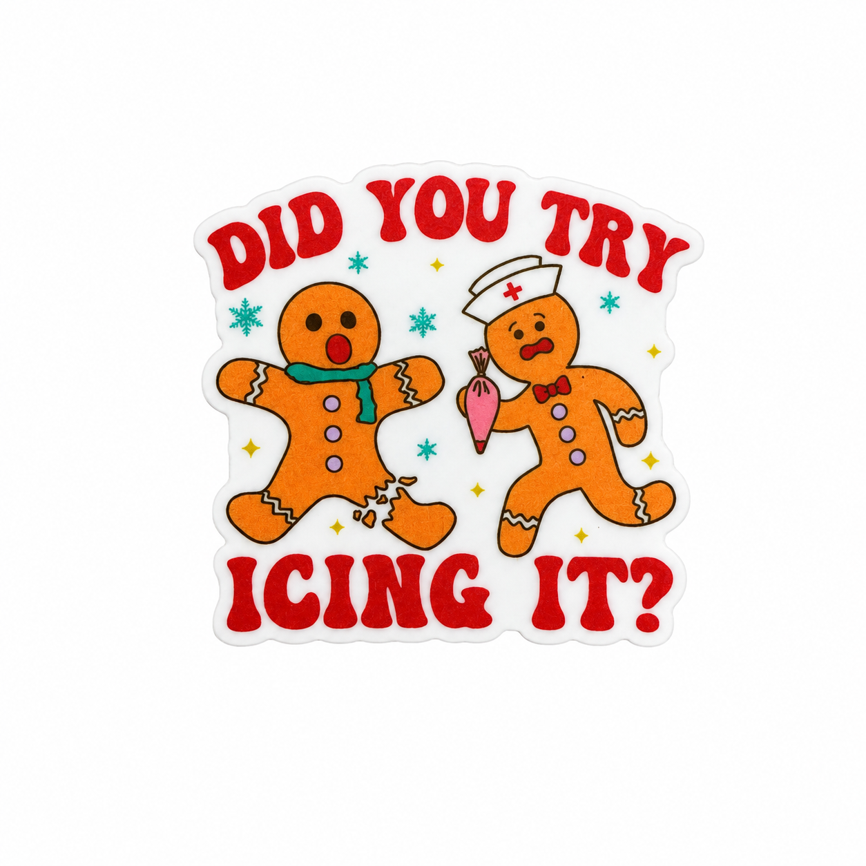 Plastic add-on featuring gingerbread cookies and the phrase DID YOU TRY ICING IT, compatible with interchangeable badge reel bases and perfect for nurses and healthcare workers during Christmas.