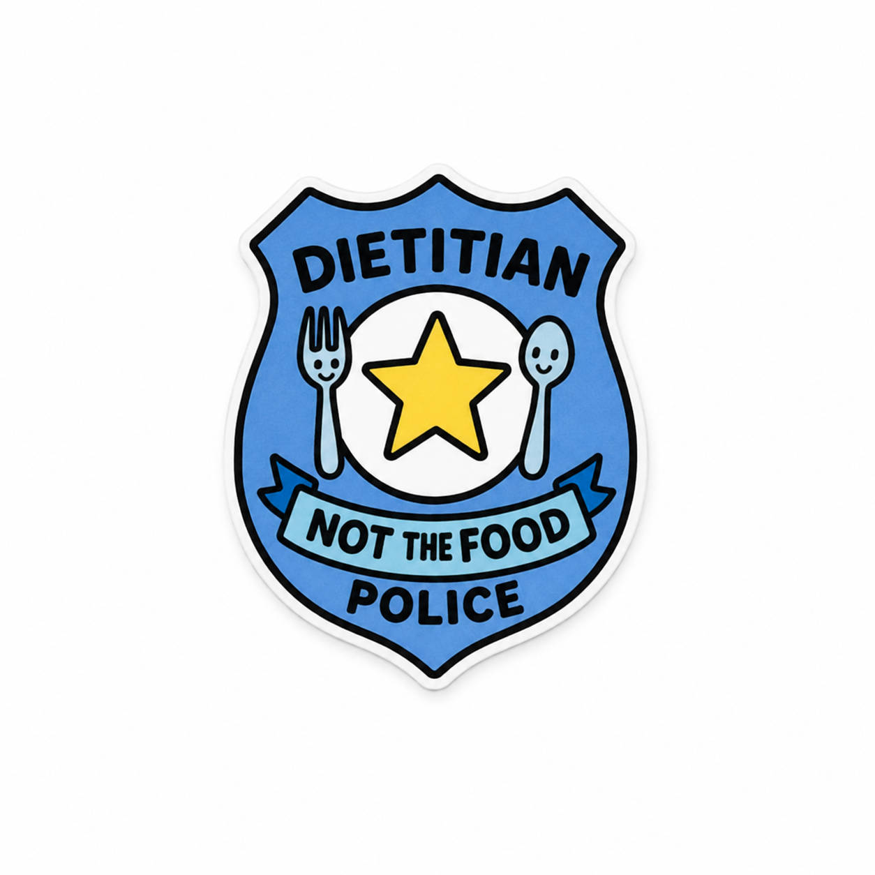Dietitian Not the Food Police plastic add-on featuring a badge-style food and wellness design compatible with interchangeable badge reel bases