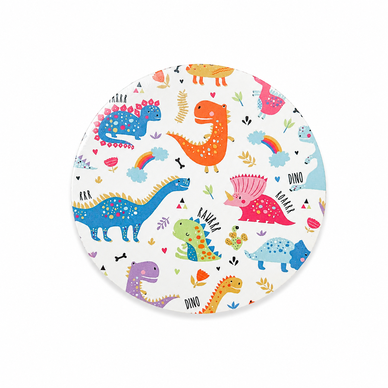 Dinosaur Roar hard board add-on featuring colorful dinosaurs, rainbows, clouds, hearts, bones, plants, and playful DINO and RAAARR details, compatible with interchangeable badge reel bases.
