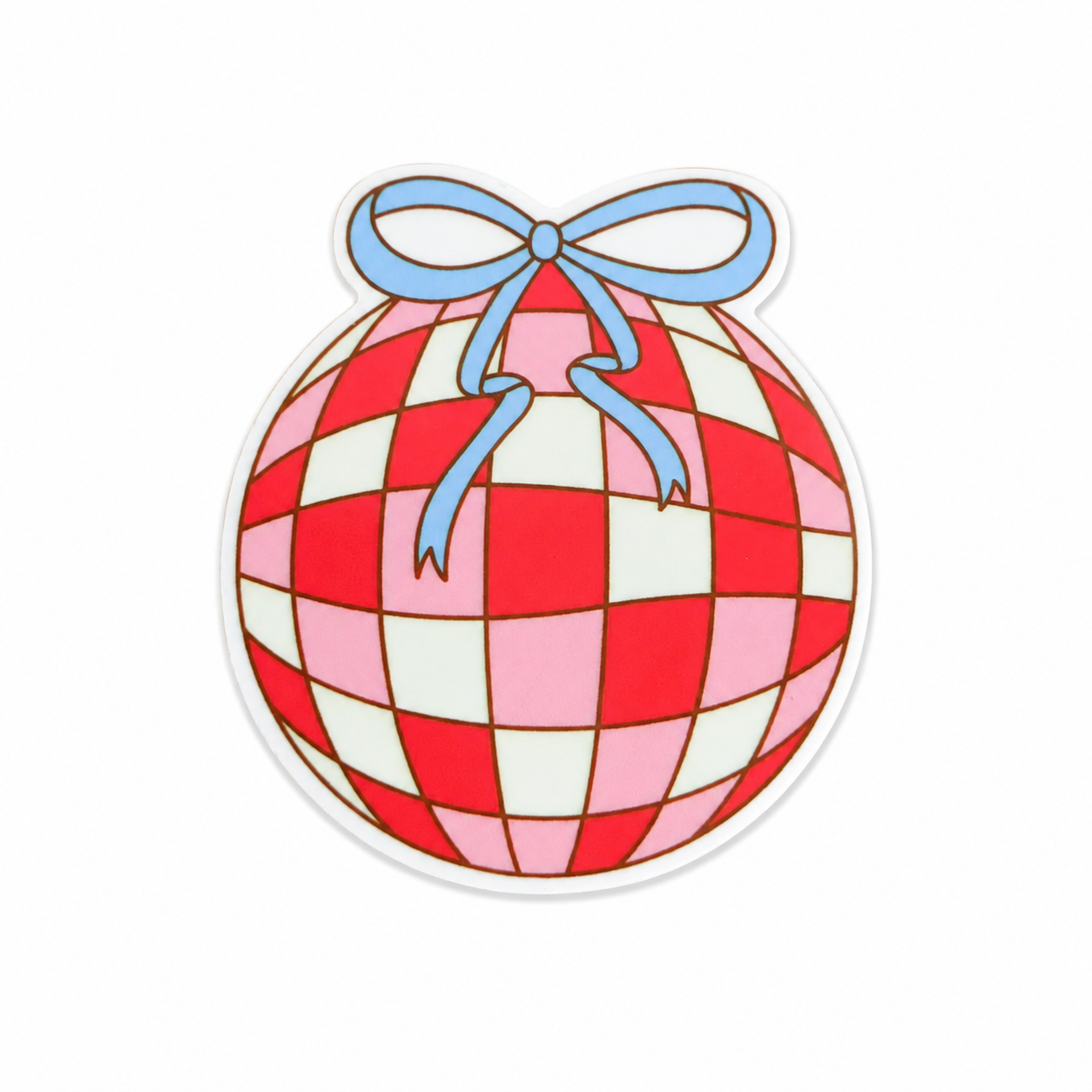 Plastic add-on featuring a red, white, and pink checkerboard disco ball with a blue bow in a patriotic summer design, compatible with interchangeable badge reel bases.