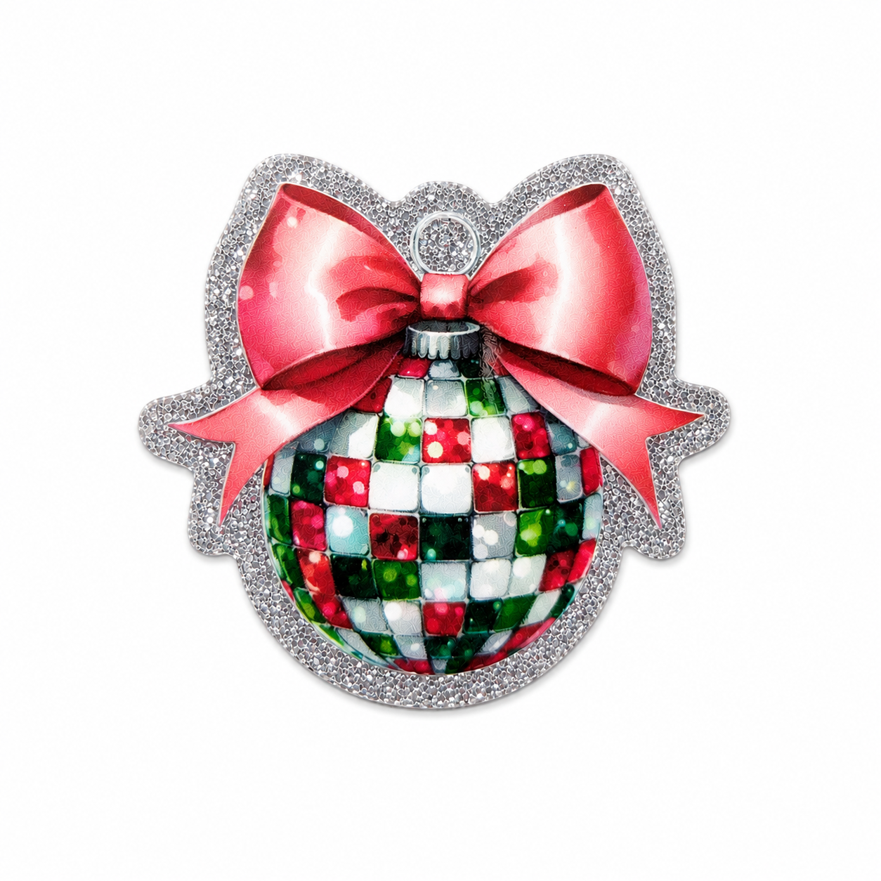 Disco ball Christmas ornament plastic add-on with a red bow and glitter-inspired design, compatible with interchangeable badge reel bases and perfect for holiday lovers.