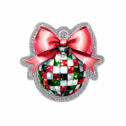 Disco ball Christmas ornament plastic add-on with a red bow and glitter-inspired design, compatible with interchangeable badge reel bases and perfect for holiday lovers.