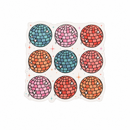 Disco Ball plastic add-on featuring colorful pastel disco balls with sparkling stars, compatible with interchangeable badge reel bases for a retro disco accessory.