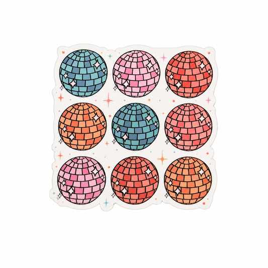 Disco Ball plastic add-on featuring colorful pastel disco balls with sparkling stars, compatible with interchangeable badge reel bases for a retro disco accessory.