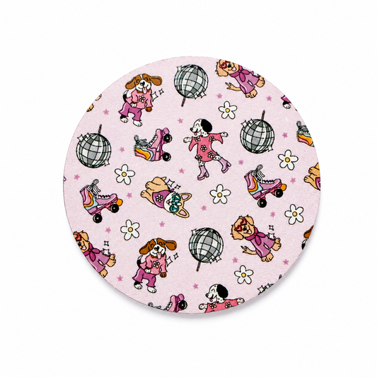 Disco Dogs hard board add-on featuring roller skating dogs, disco balls, daisies, and retro-inspired artwork, compatible with interchangeable badge reel bases.