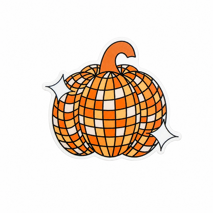 Disco pumpkin plastic add-on with orange checkered pumpkin design, compatible with interchangeable badge reel bases for Halloween pumpkin accessory