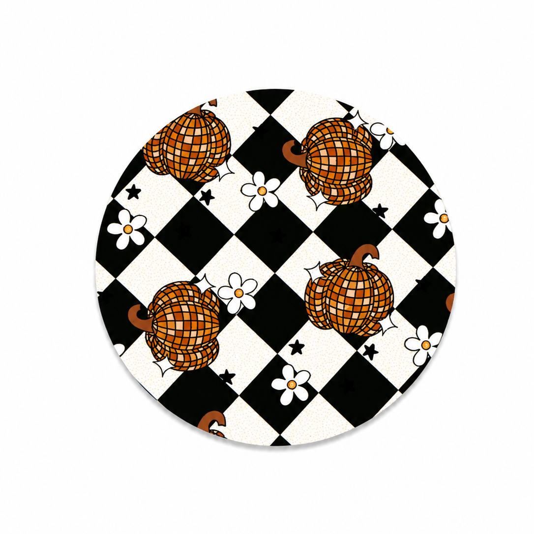 Disco Pumpkins hard board add-on featuring checkerboard pumpkins, daisies, and stars, compatible with interchangeable badge reel bases.