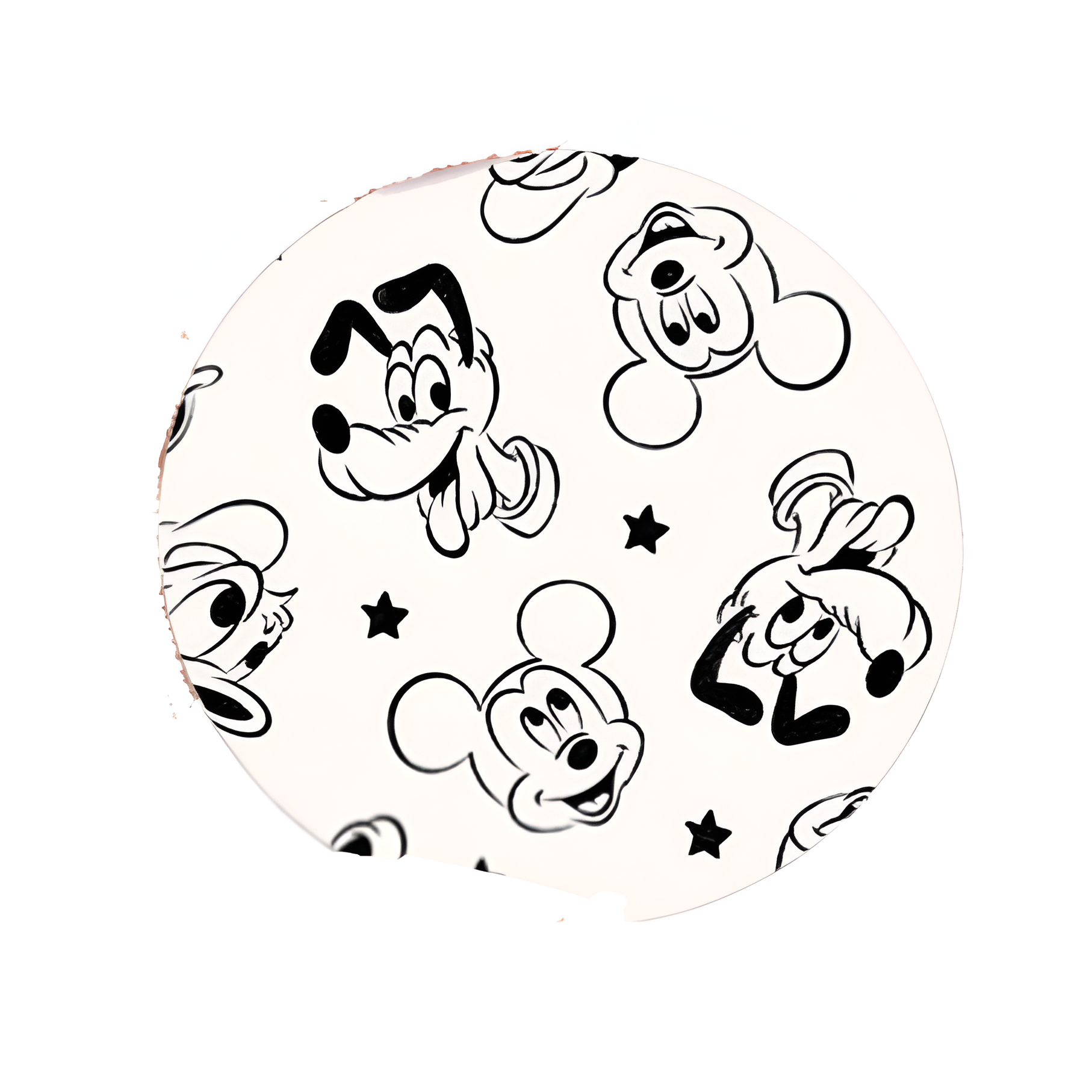 Classic cartoon hard board add-on featuring black-and-white mouse and dog character faces with stars, compatible with interchangeable badge reel bases.