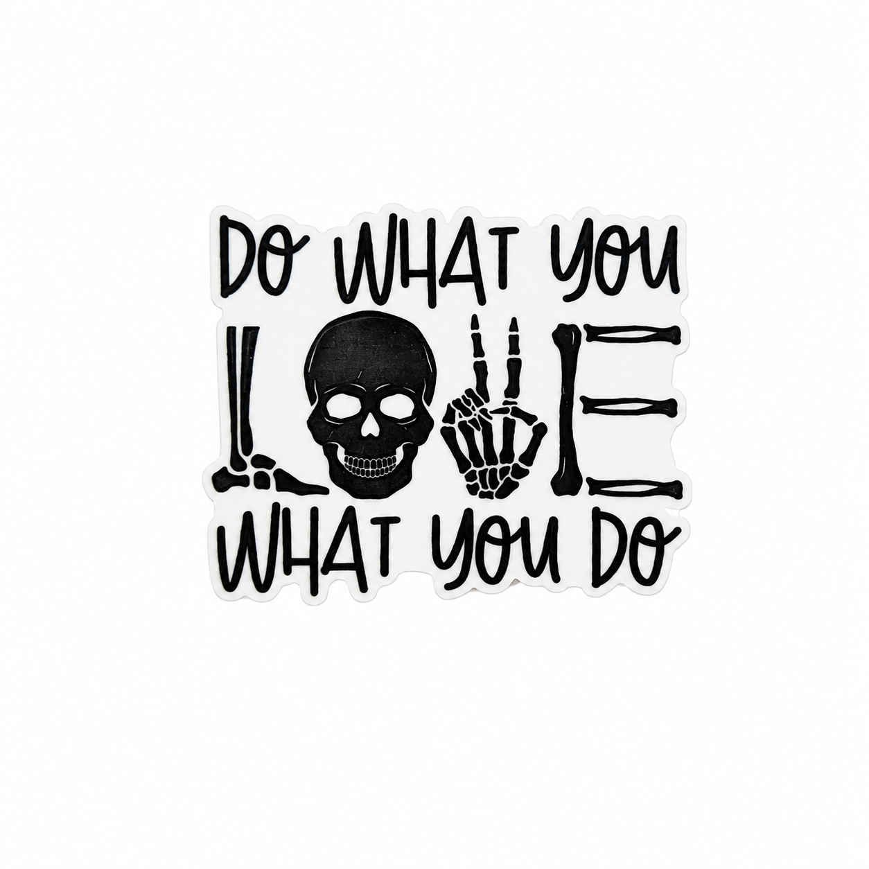 Do What You Love What You Do plastic add-on with skeleton skull and bones design, spooky accessory compatible with interchangeable badge reel bases.