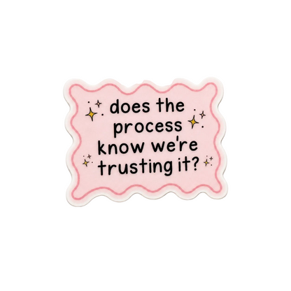 Funny pastel quote plastic add-on for badge reels featuring “does the process know we’re trusting it?”