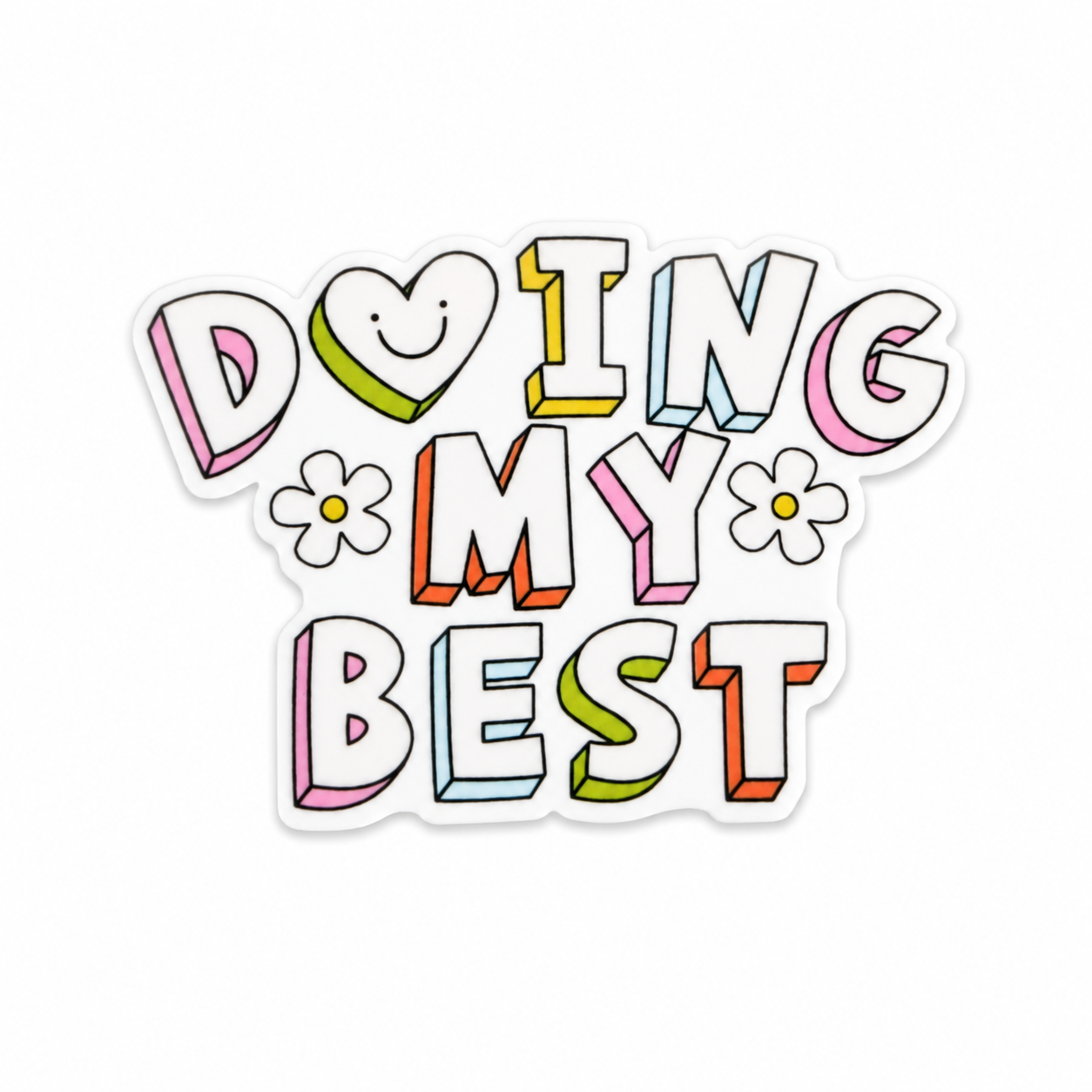 Doing My Best plastic add-on featuring colorful retro lettering, smiley faces, and daisy flowers, compatible with interchangeable badge reel bases, motivational work accessory.