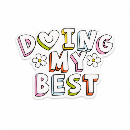 Doing My Best plastic add-on featuring colorful retro lettering, smiley faces, and daisy flowers, compatible with interchangeable badge reel bases, motivational work accessory.