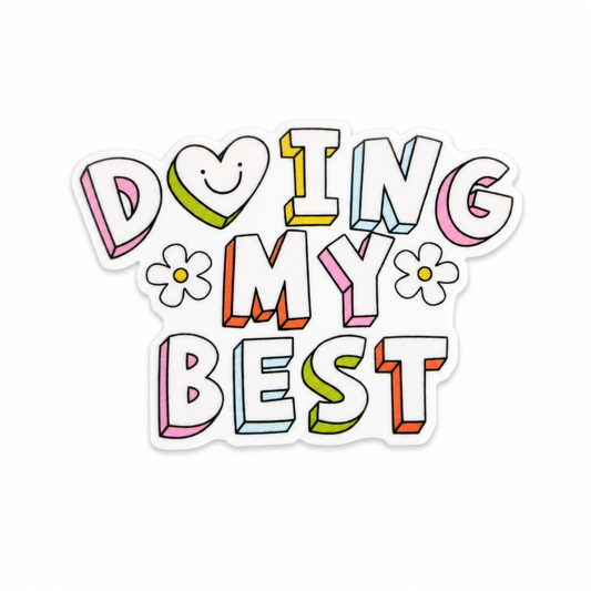 Doing My Best plastic add-on featuring colorful retro lettering, smiley faces, and daisy flowers, compatible with interchangeable badge reel bases, motivational work accessory.