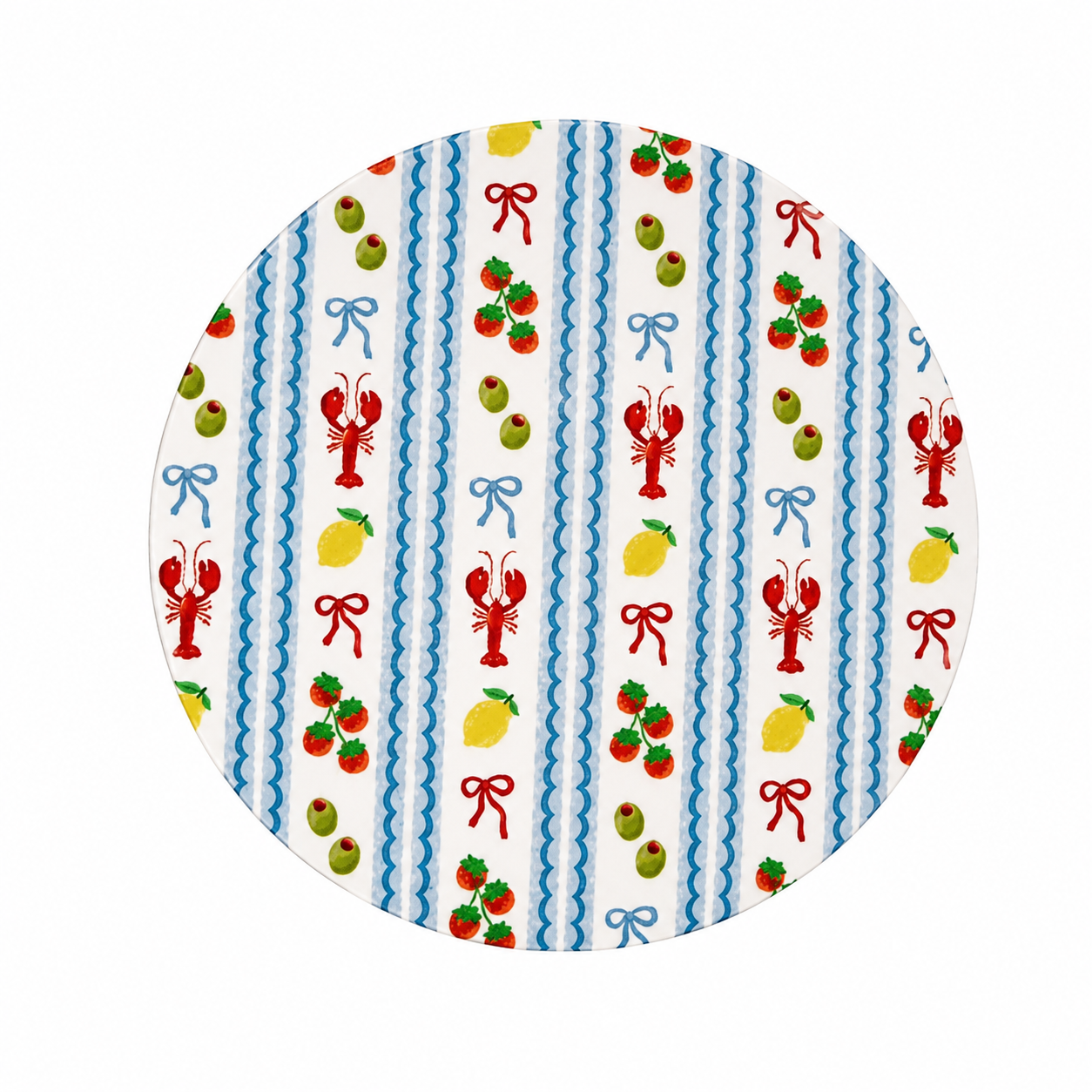 Dolce Vita hard board add-on featuring lobsters, lemons, cherries, blue bows, and coastal blue stripes, compatible with interchangeable badge reel bases.
