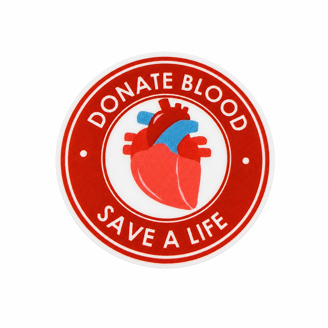 DONATE BLOOD SAVE A LIFE plastic add-on with red circle design and anatomical heart, compatible with interchangeable badge reel bases.