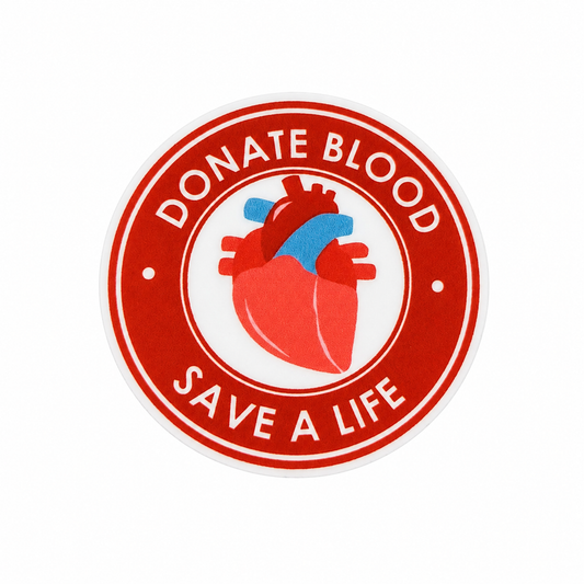 DONATE BLOOD SAVE A LIFE plastic add-on with red circle design and anatomical heart, compatible with interchangeable badge reel bases.