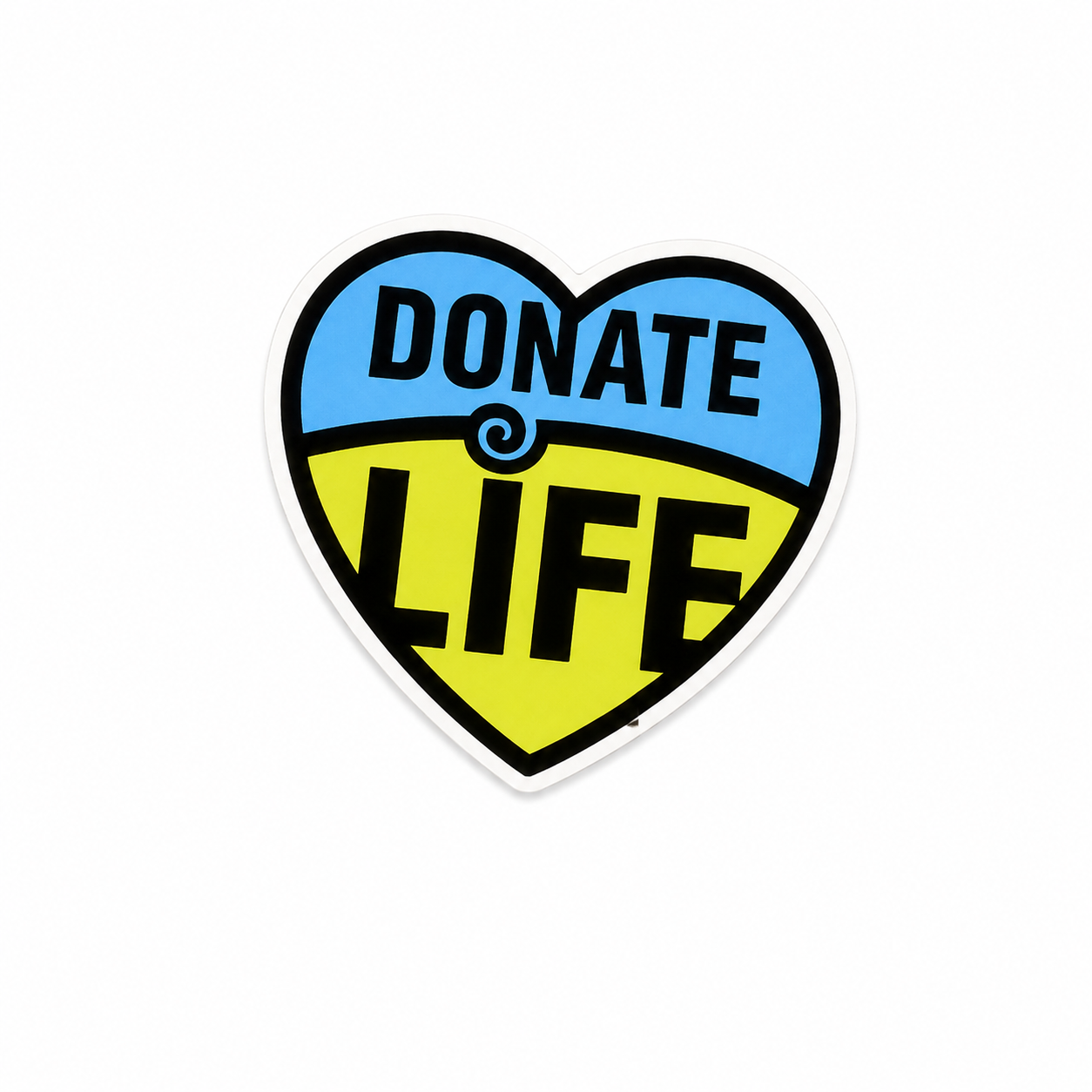 Blue and yellow Donate Life heart plastic add-on compatible with interchangeable badge reel bases for nurses and healthcare workers.