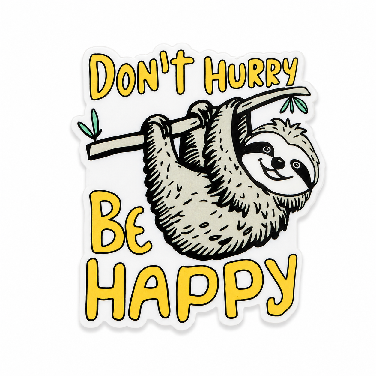 Don't Hurry Be Happy plastic add-on featuring a smiling sloth hanging from a tree branch, compatible with interchangeable badge reel bases, cute animal lover accessory