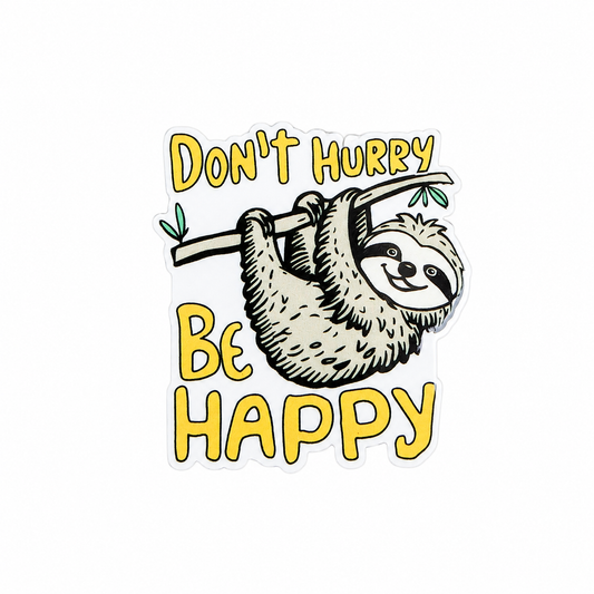 Don't Hurry Be Happy plastic add-on featuring a smiling sloth hanging from a tree branch, compatible with interchangeable badge reel bases, cute animal lover accessory