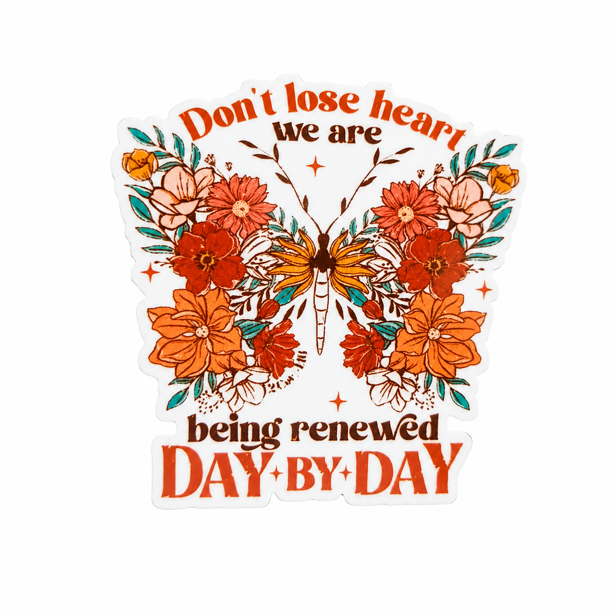 Don’t lose heart we are being renewed day by day plastic add-on with butterfly and orange floral design, compatible with interchangeable badge reel bases.
