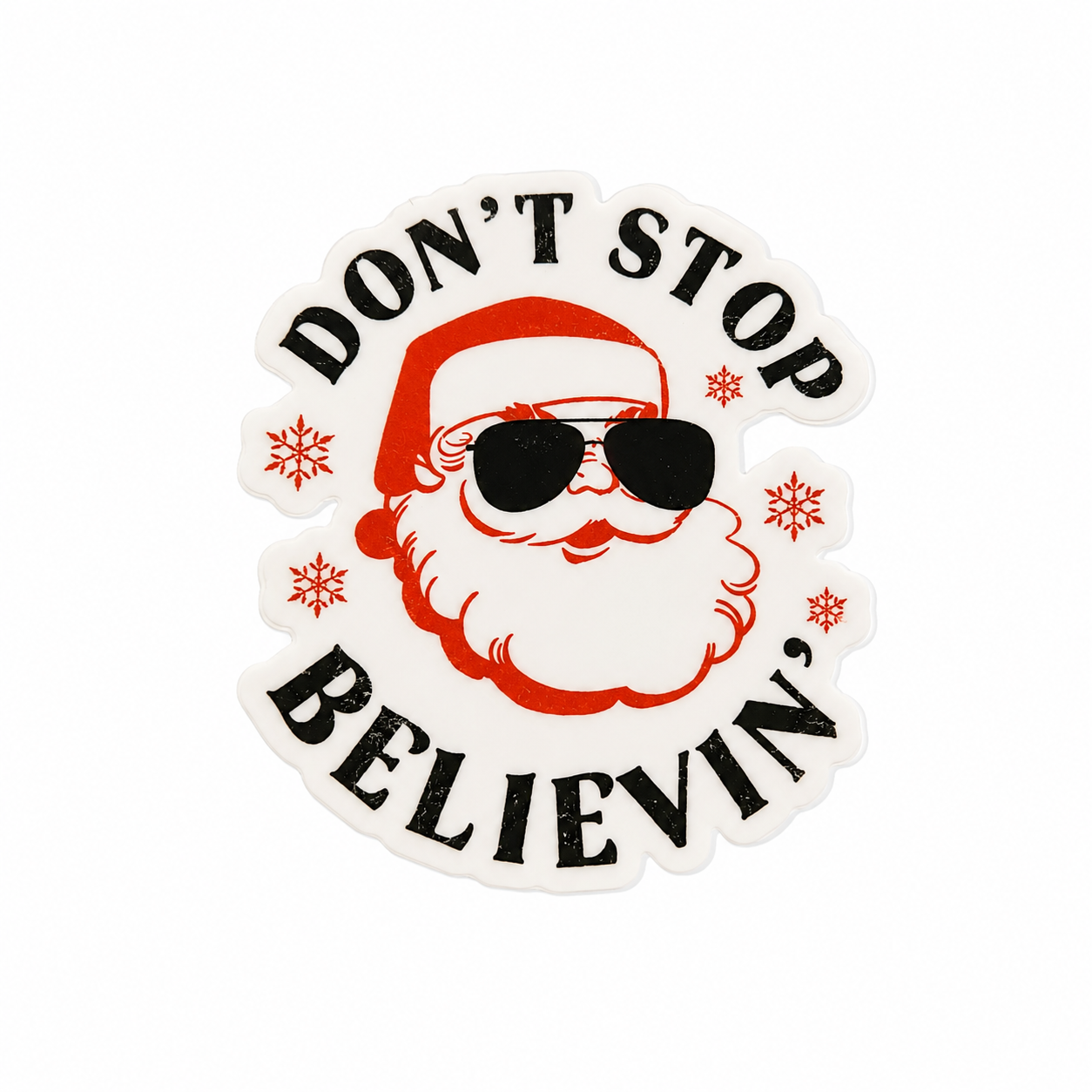 DON'T STOP BELIEVIN' plastic add-on featuring Santa with sunglasses and snowflake accents, compatible with interchangeable badge reel bases.