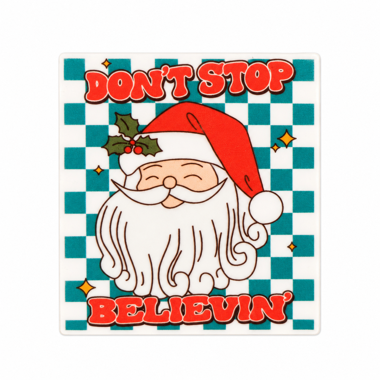 Don't Stop Believin' plastic add-on with Santa and teal checkerboard design, compatible with interchangeable badge reel bases