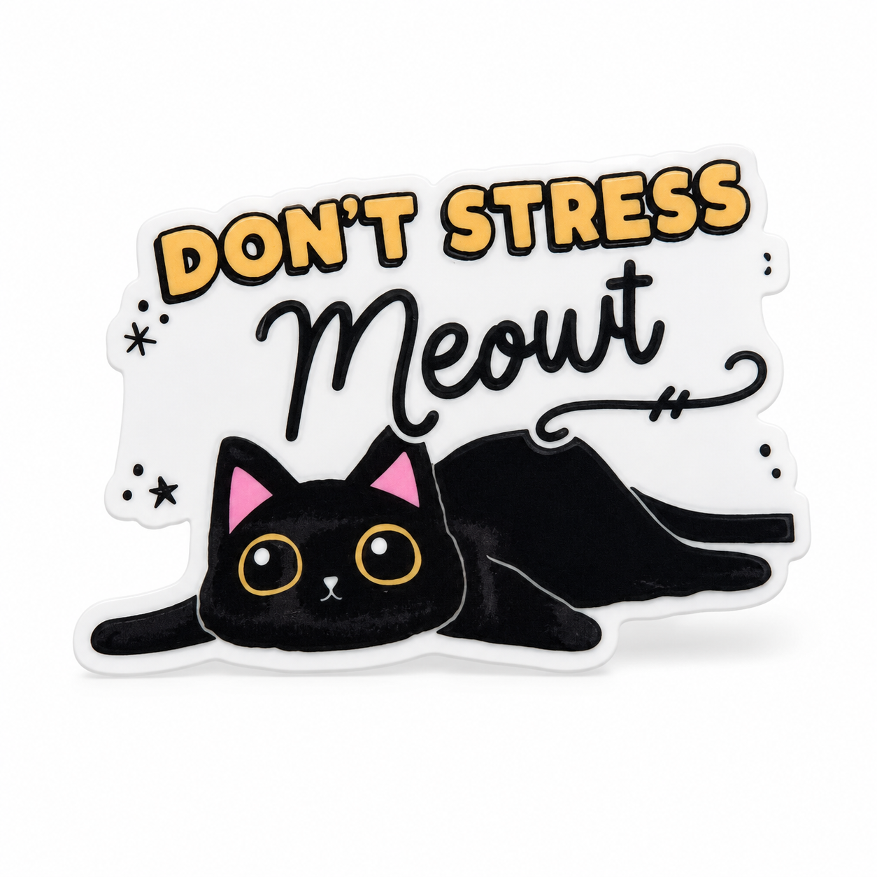 DON'T STRESS Meowt plastic add-on featuring a cute black cat, compatible with interchangeable badge reel bases for cat lovers and pet lovers.