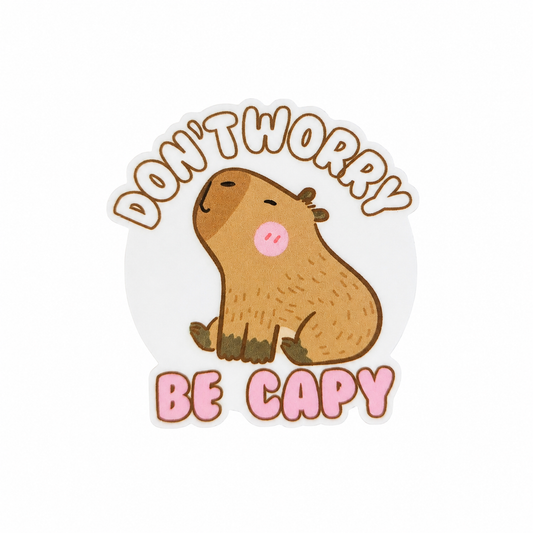 DON'T WORRY BE CAPY plastic add-on featuring a cute capybara with rosy cheeks, compatible with interchangeable badge reel bases and animal lover accessories