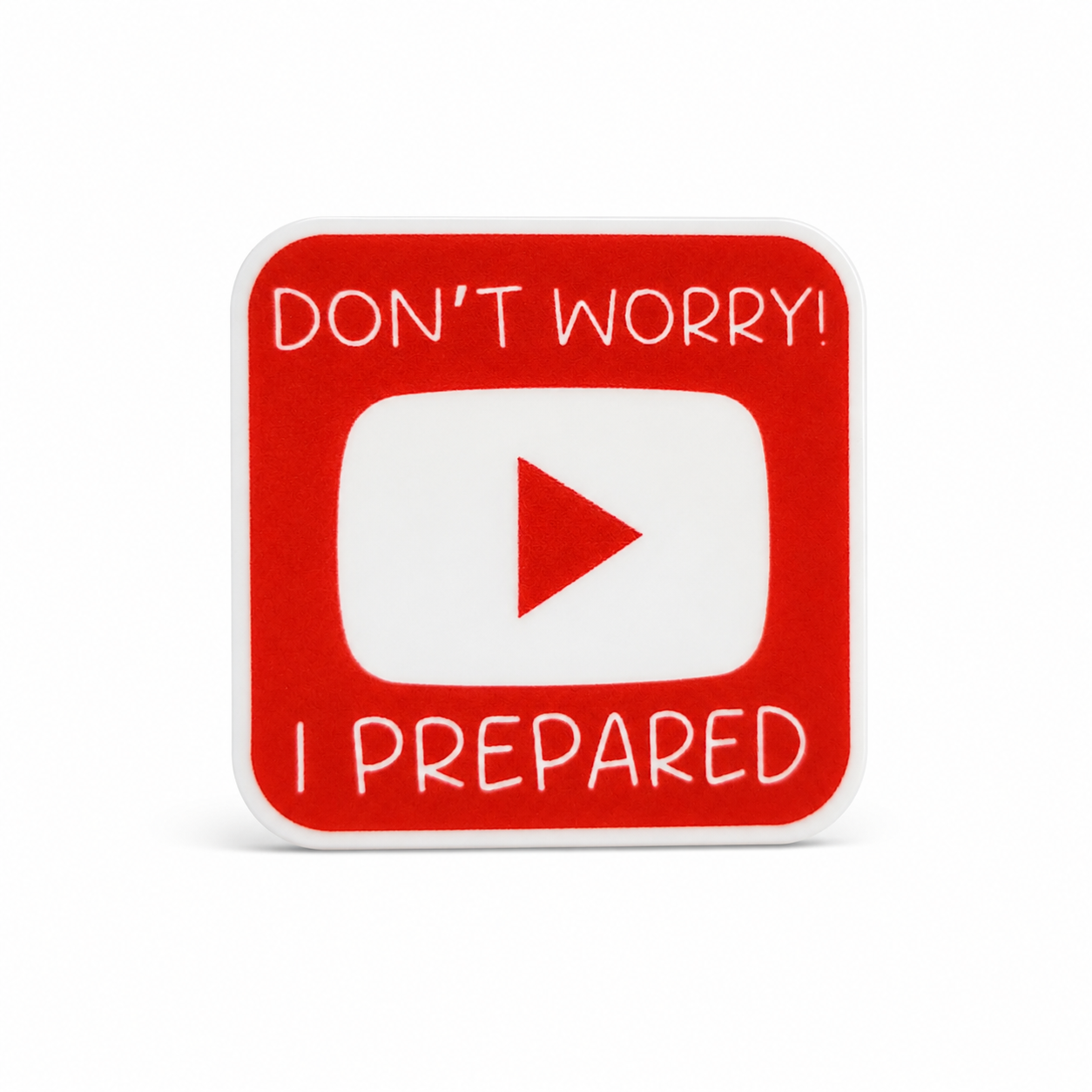 DON'T WORRY! I PREPARED plastic add-on with red play button design, compatible with interchangeable badge reel bases for a funny work accessory.