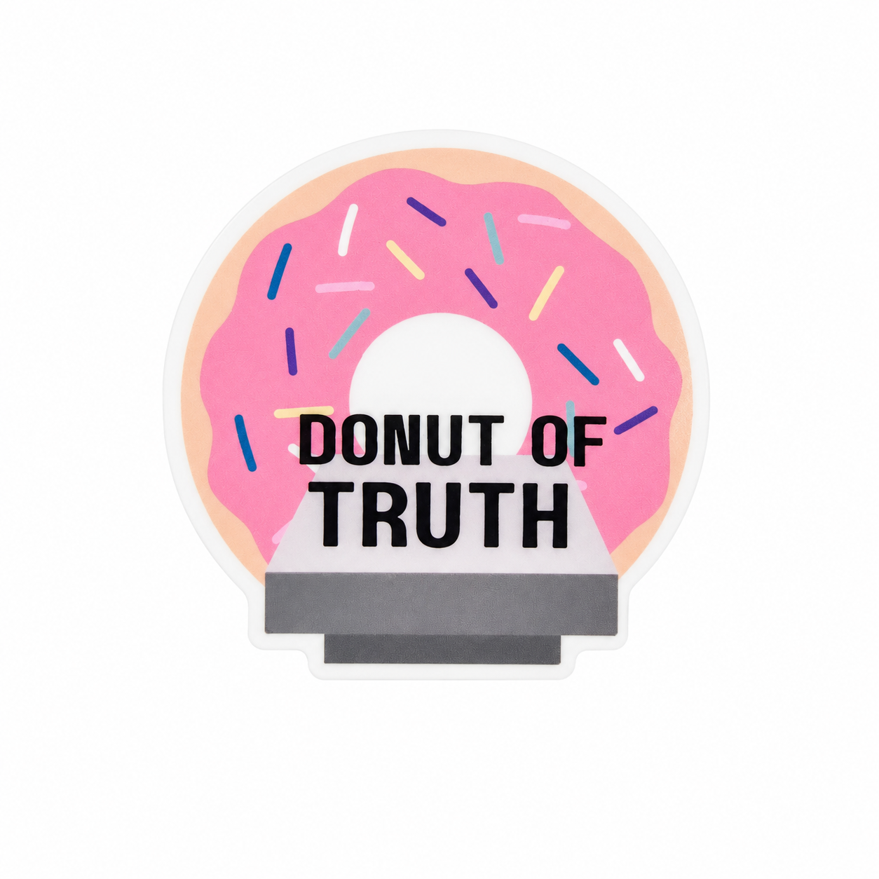 DONUT OF TRUTH plastic add-on with pink frosted donut scanner design, sprinkles, and bold text, compatible with interchangeable badge reel bases.