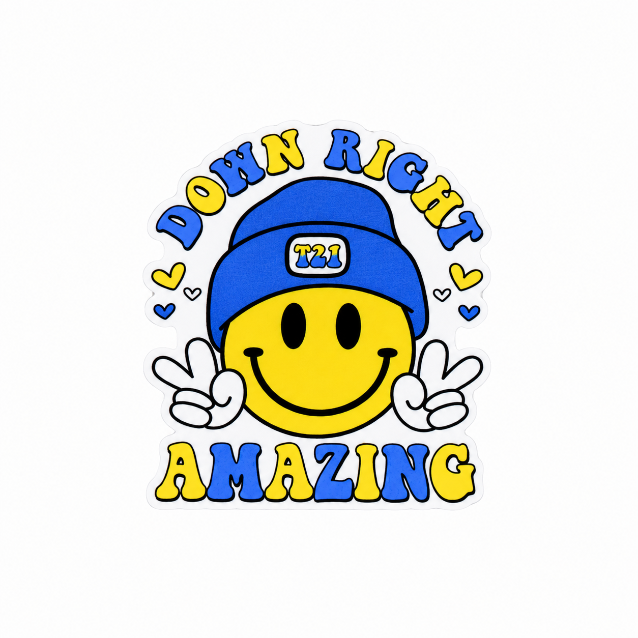 Down Right Amazing plastic add-on featuring a smiley face wearing a T21 beanie with blue and yellow lettering, compatible with interchangeable badge reel bases, Down Syndrome Awareness accessory.