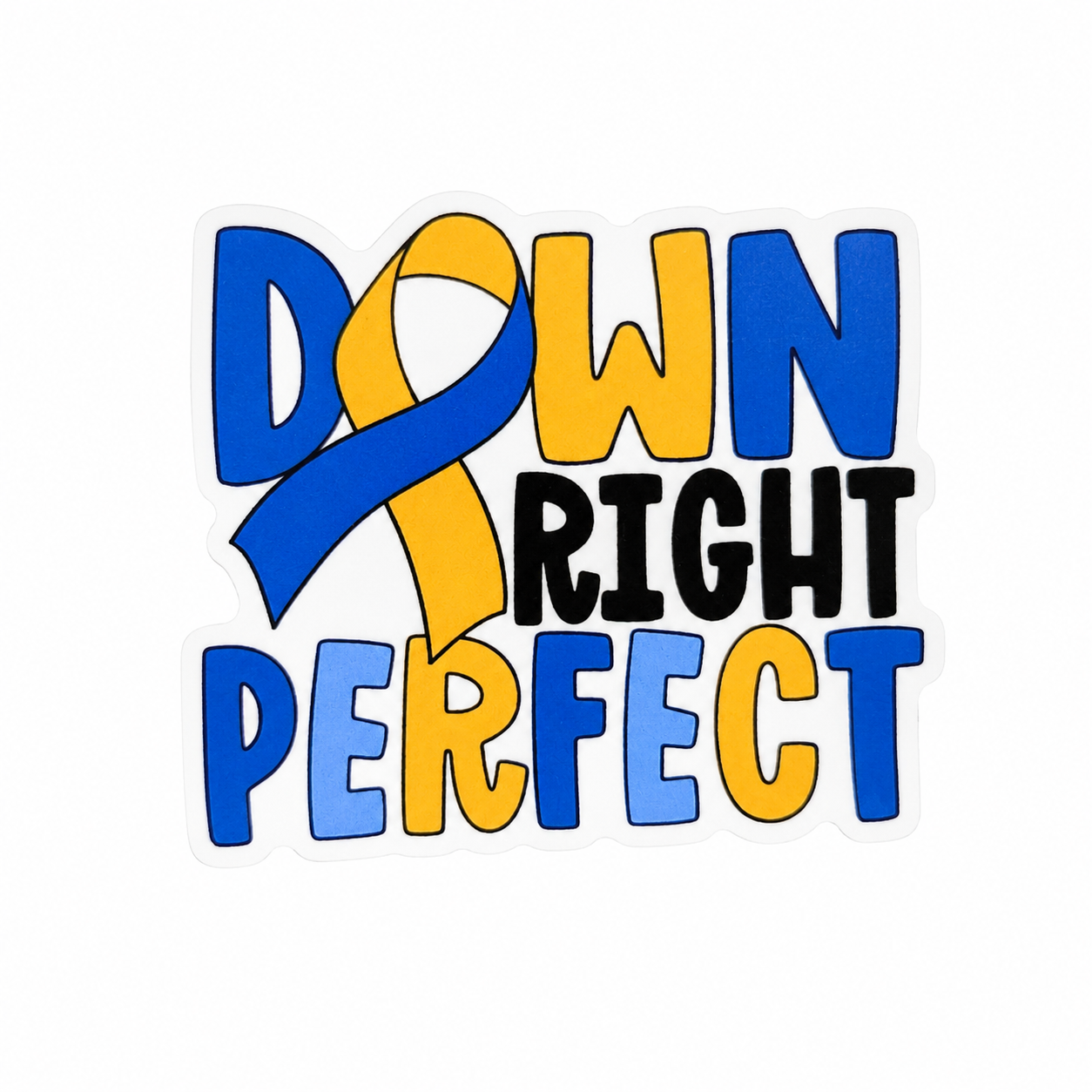 DOWN RIGHT PERFECT plastic add-on with blue and yellow Down syndrome awareness ribbon, compatible with interchangeable badge reel bases.