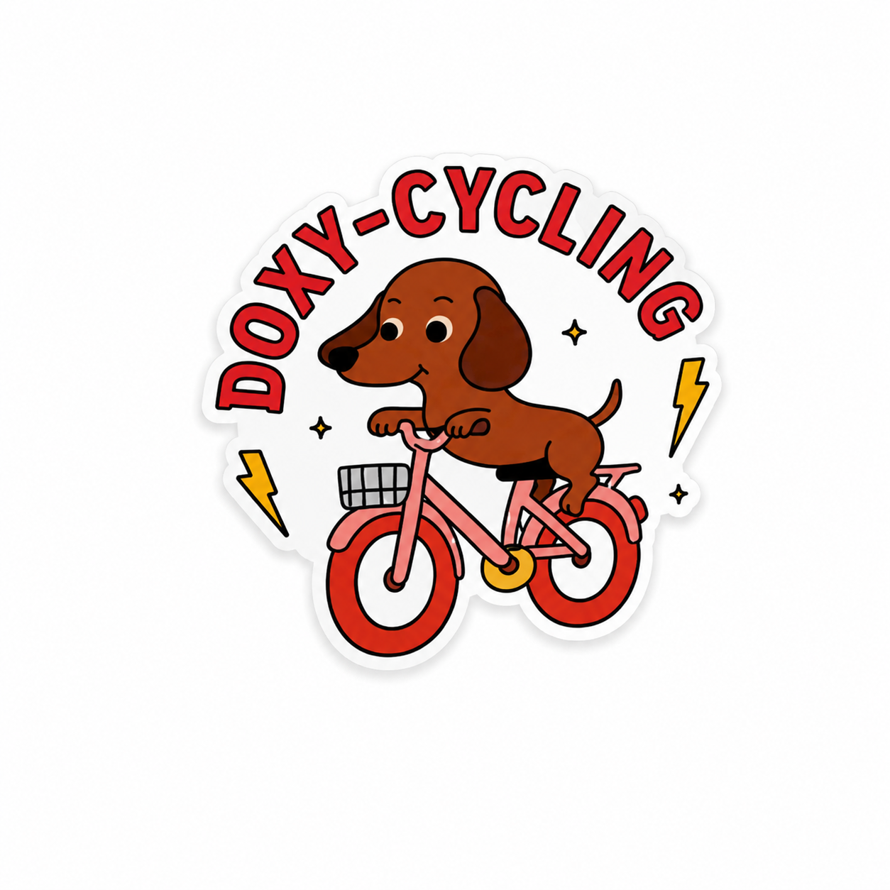 Doxy-Cycling dachshund pharmacy pun plastic add-on compatible with interchangeable badge reel bases for pharmacy techs and healthcare workers.