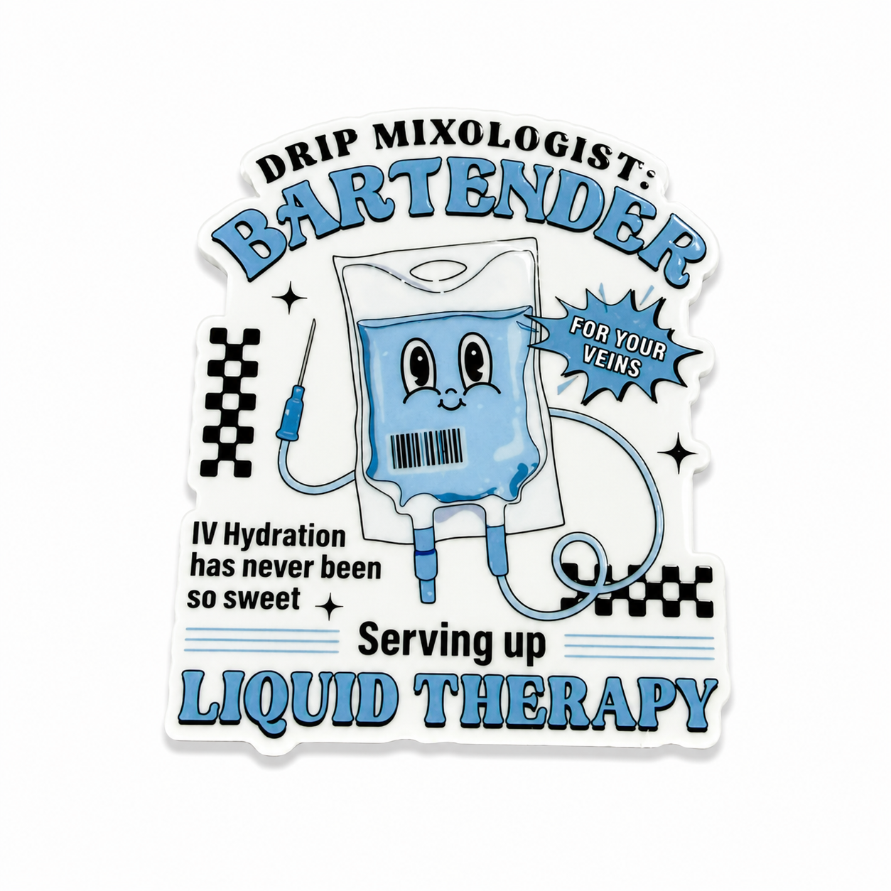 Plastic add-on featuring a smiling IV hydration bag with the phrases "DRIP MIXOLOGIST: BARTENDER FOR YOUR VEINS" and "Serving up LIQUID THERAPY," compatible with interchangeable badge reel bases