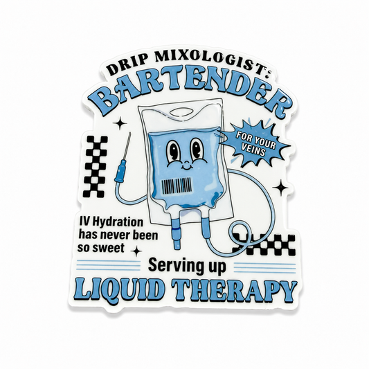 Plastic add-on featuring a smiling IV hydration bag with the phrases "DRIP MIXOLOGIST: BARTENDER FOR YOUR VEINS" and "Serving up LIQUID THERAPY," compatible with interchangeable badge reel bases