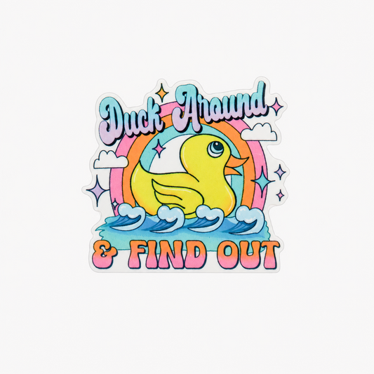 Plastic add-on featuring a yellow duck on waves under a rainbow with the text "Duck Around & Find Out," compatible with interchangeable badge reel bases and perfect for duck lovers.