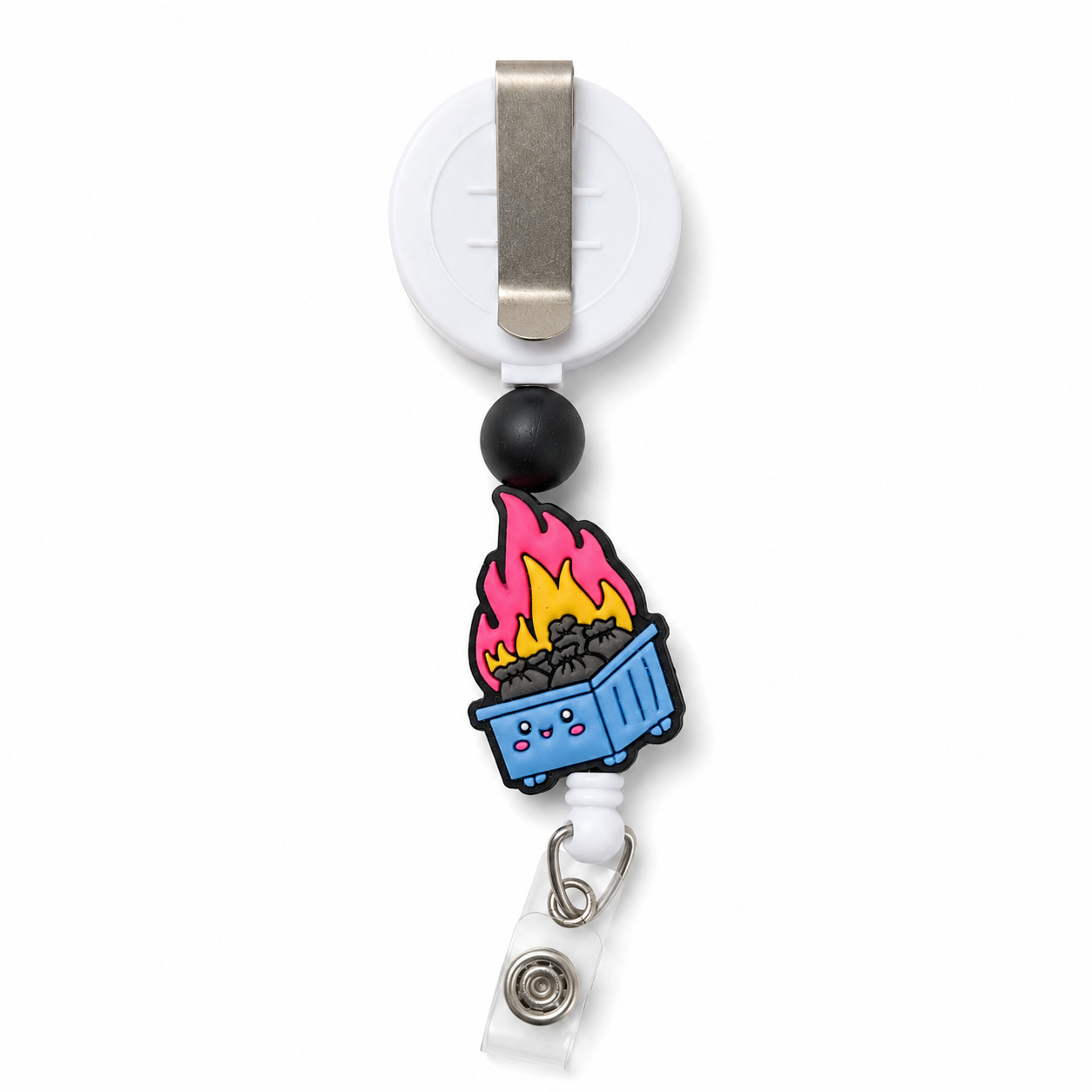 Dumpster Fire interchangeable beaded badge reel featuring a smiling flaming dumpster charm with a black silicone accent bead.