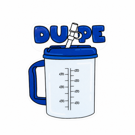 DUPE plastic add-on featuring a medical-style tumbler with measurement markings, compatible with interchangeable badge reel bases, healthcare worker accessory