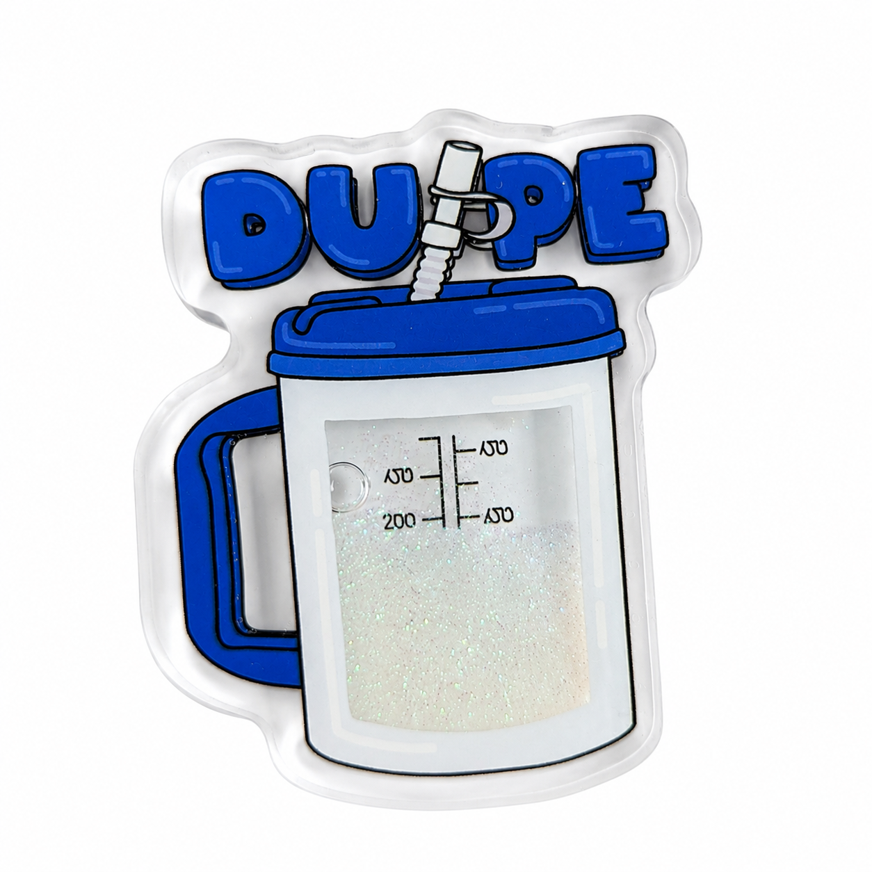 DUPE plastic shaker add-on featuring a respiratory humidifier bottle design with glitter shaker element, compatible with interchangeable badge reel bases