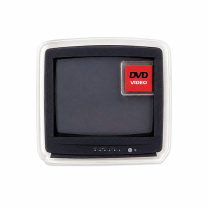 DVD VIDEO plastic shaker add-on featuring a retro television screen design, compatible with interchangeable badge reel bases and perfect for nostalgia lovers and retro tech fans.