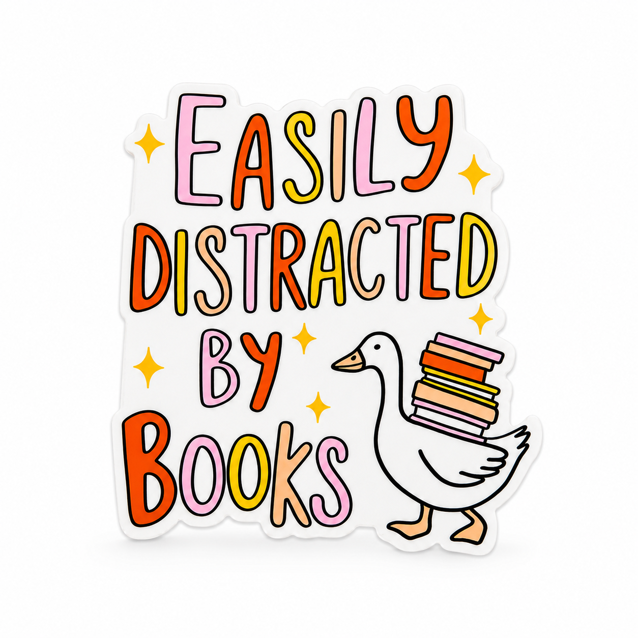 Plastic add-on featuring the text "Easily Distracted By Books" with a cute goose carrying a stack of books, compatible with interchangeable badge reel bases and perfect for book lovers.