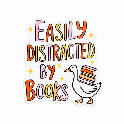 Plastic add-on featuring the text "Easily Distracted By Books" with a cute goose carrying a stack of books, compatible with interchangeable badge reel bases and perfect for book lovers.