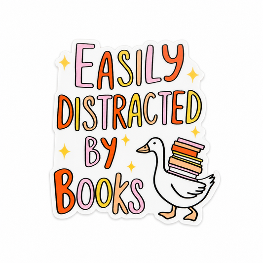 Plastic add-on featuring the text "Easily Distracted By Books" with a cute goose carrying a stack of books, compatible with interchangeable badge reel bases and perfect for book lovers.