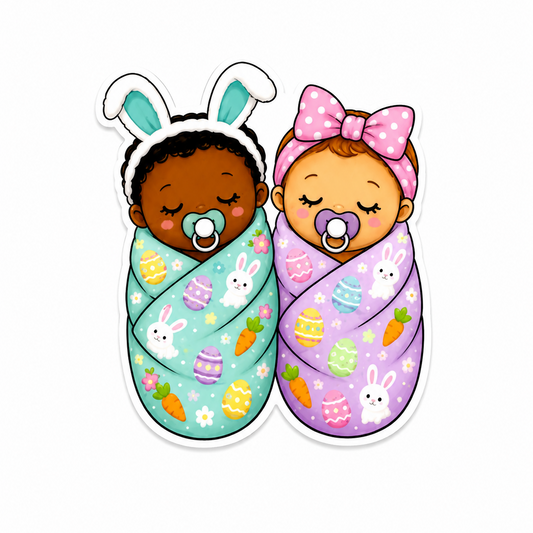 Easter baby twins plastic add-on featuring two sleeping newborn babies in bunny-themed Easter swaddles, compatible with interchangeable badge reel bases for NICU and labor delivery staff.
