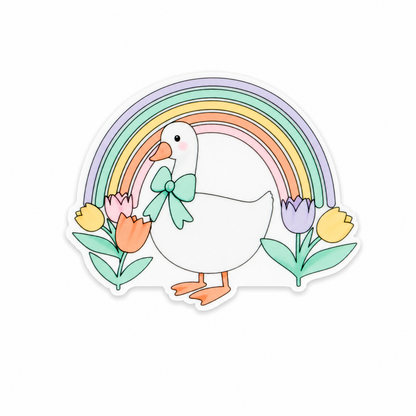 Easter Duck plastic add-on featuring a white duck with a mint bow, pastel rainbow, and tulip flowers, compatible with interchangeable badge reel bases.