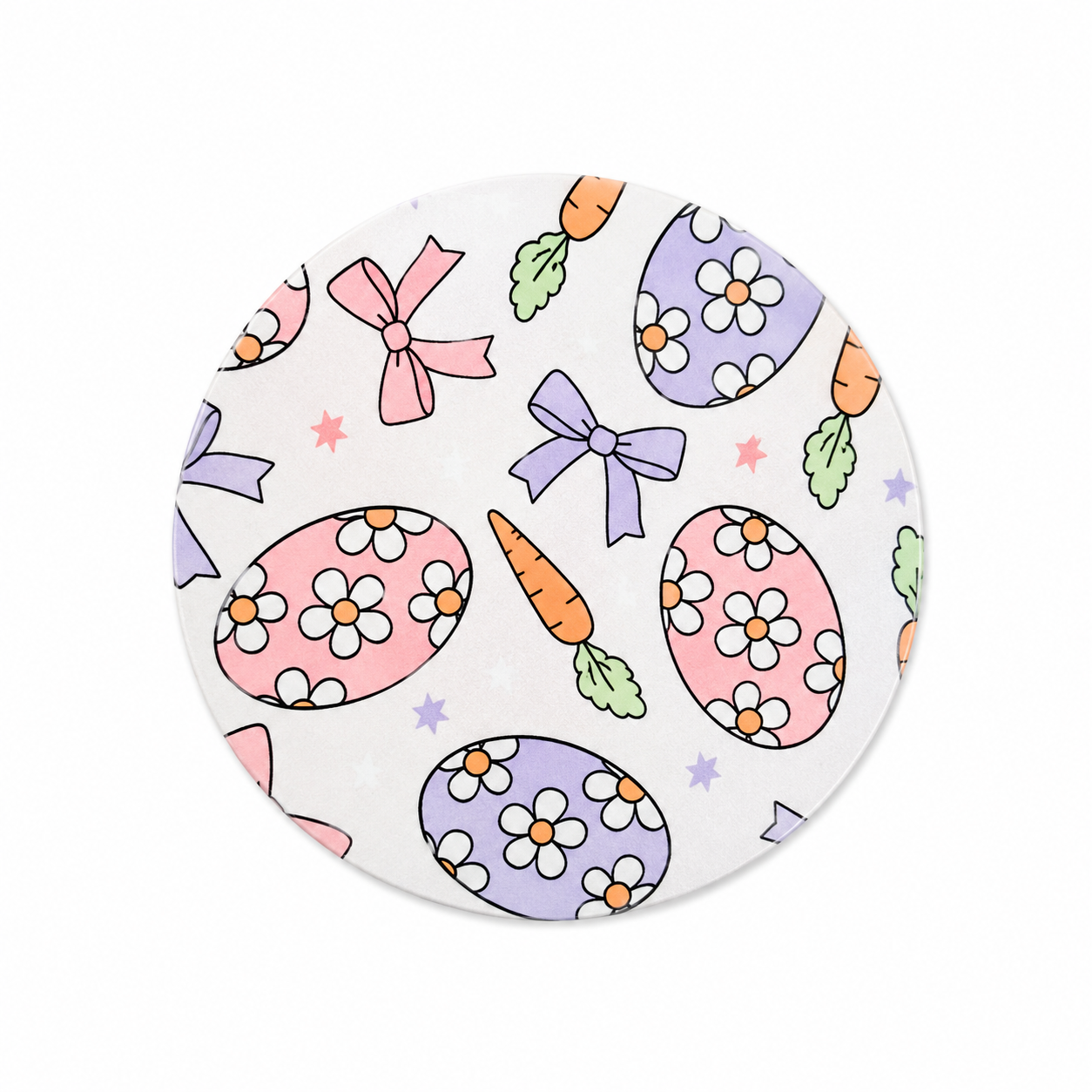 Pastel Easter egg hard board add-on featuring floral pink and blue eggs, carrots, bows, and stars, compatible with interchangeable badge reel bases.