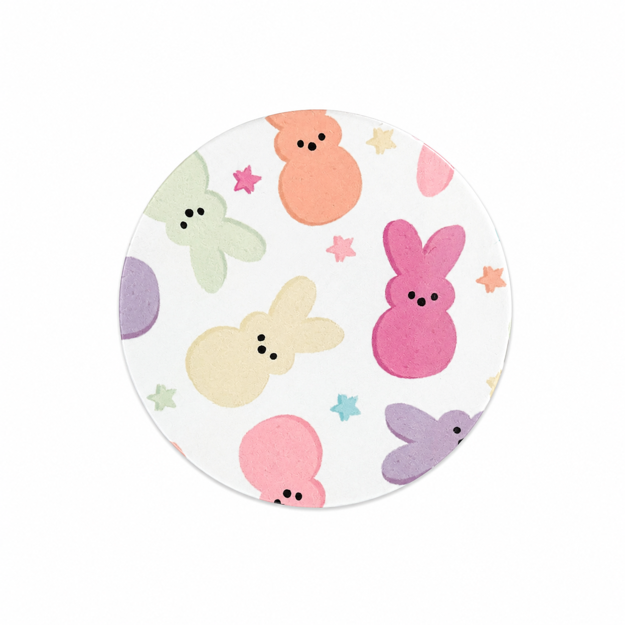 Easter Peeps hard board add-on featuring pastel marshmallow-style bunnies and colorful stars, compatible with interchangeable badge reel bases.