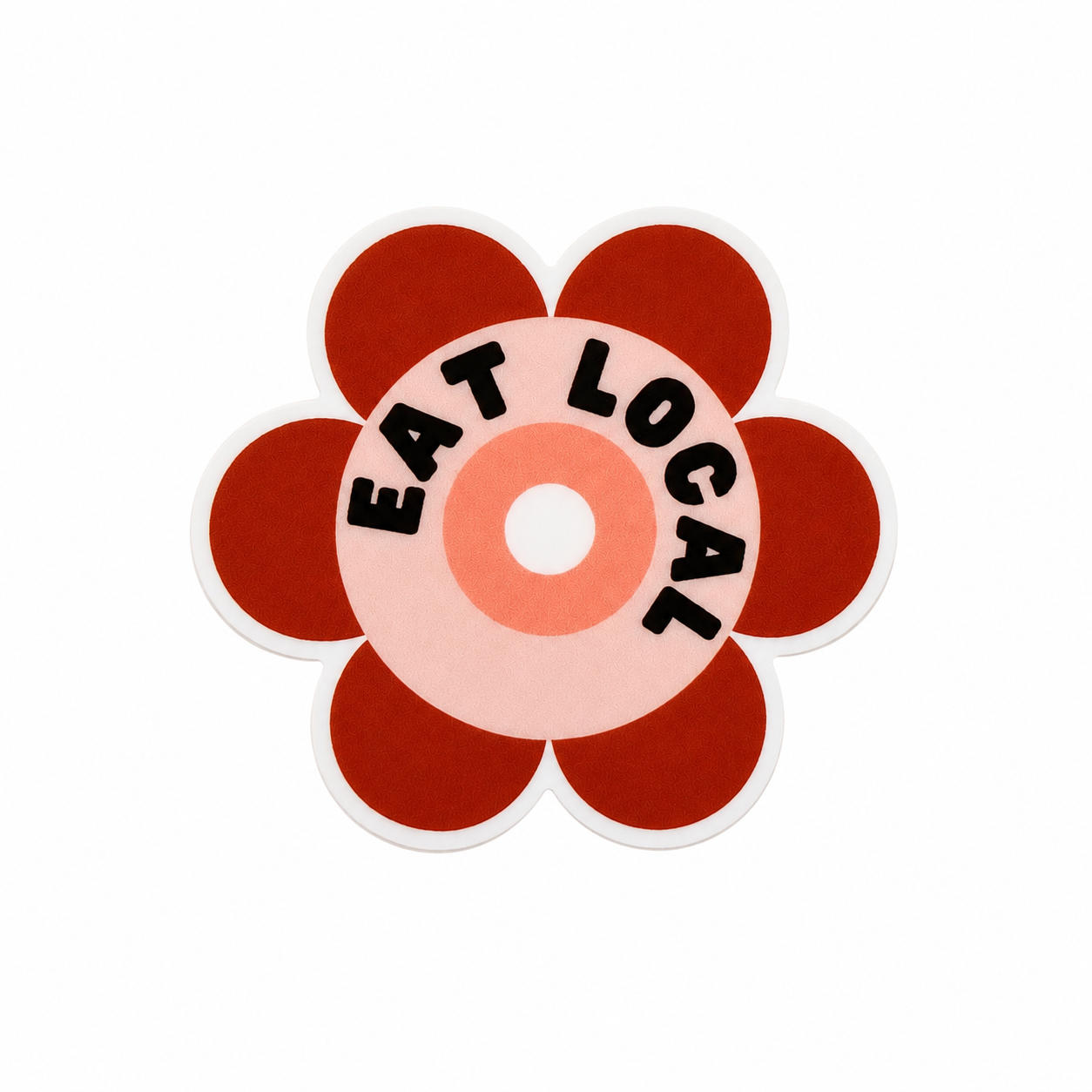 EAT LOCAL plastic add-on with retro flower design, compatible with interchangeable badge reel bases for a lactation breastfeeding accessory.