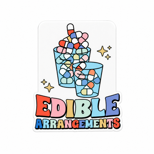 EDIBLE ARRANGEMENTS plastic add-on with colorful medication cups, a funny medical work badge accessory compatible with interchangeable badge reel bases.