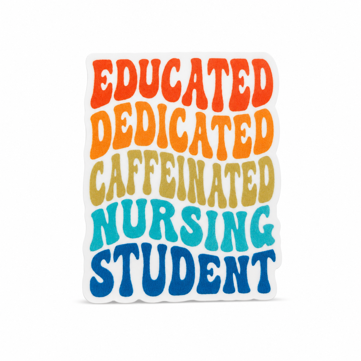 EDUCATED, DEDICATED, CAFFEINATED, NURSING STUDENT plastic add-on with colorful lettering, compatible with interchangeable badge reel bases for student nurses.